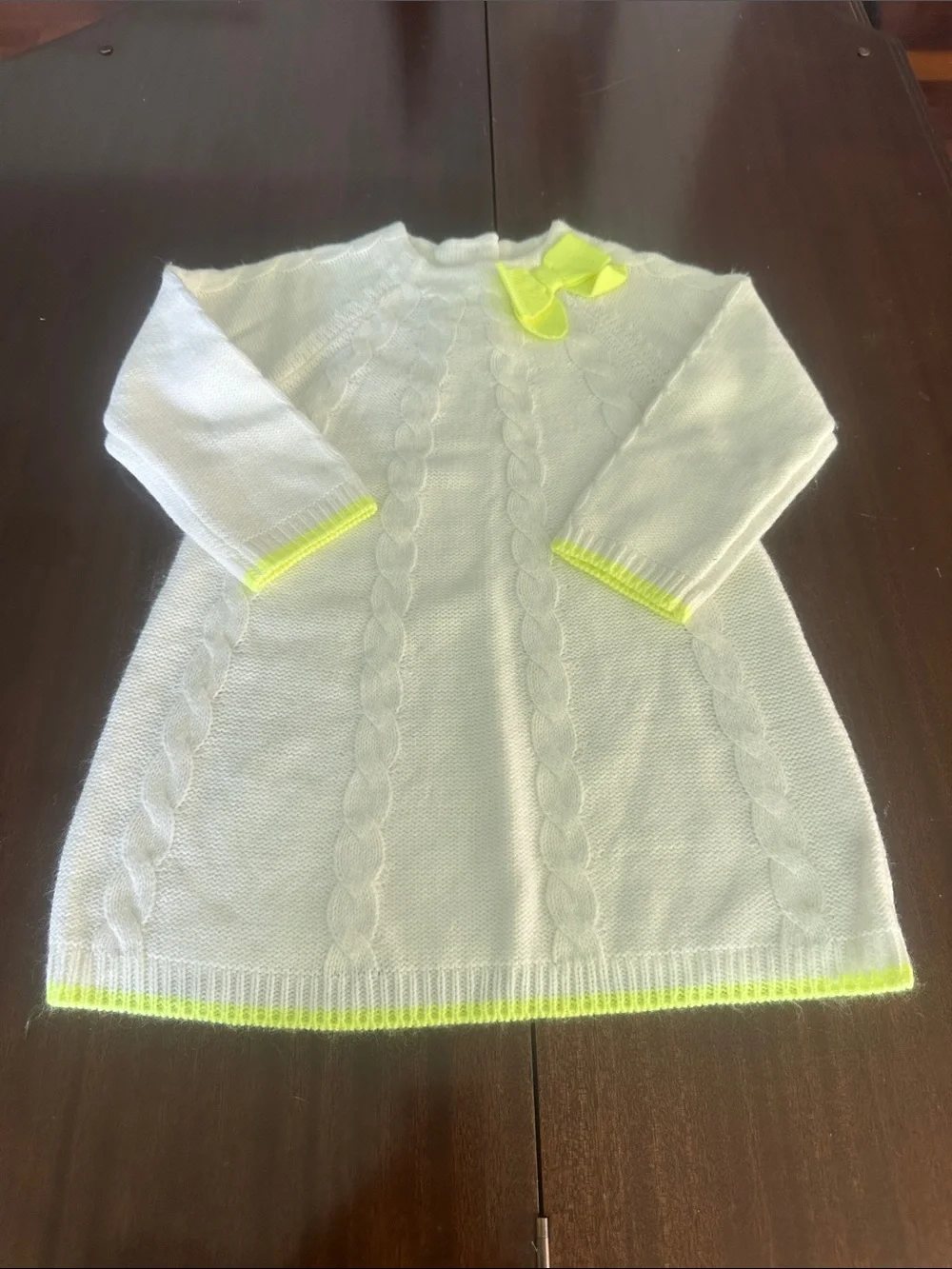 Gymboree White Knit Dress with Neon Yellow Trim and Bow